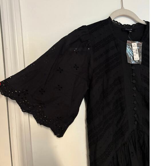 NWT Madewell Eyelet Flutter Sleeve Mini Dress in Cotton In Black Size 0 - Picture 6 of 8